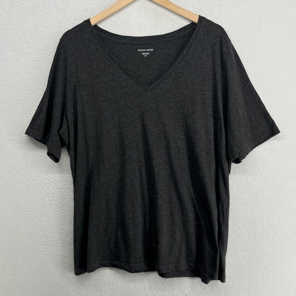 EILEEN FISHER Top L Slub Organic Cotton Jersey V-Neck Short Sleeve Charcoal Gray